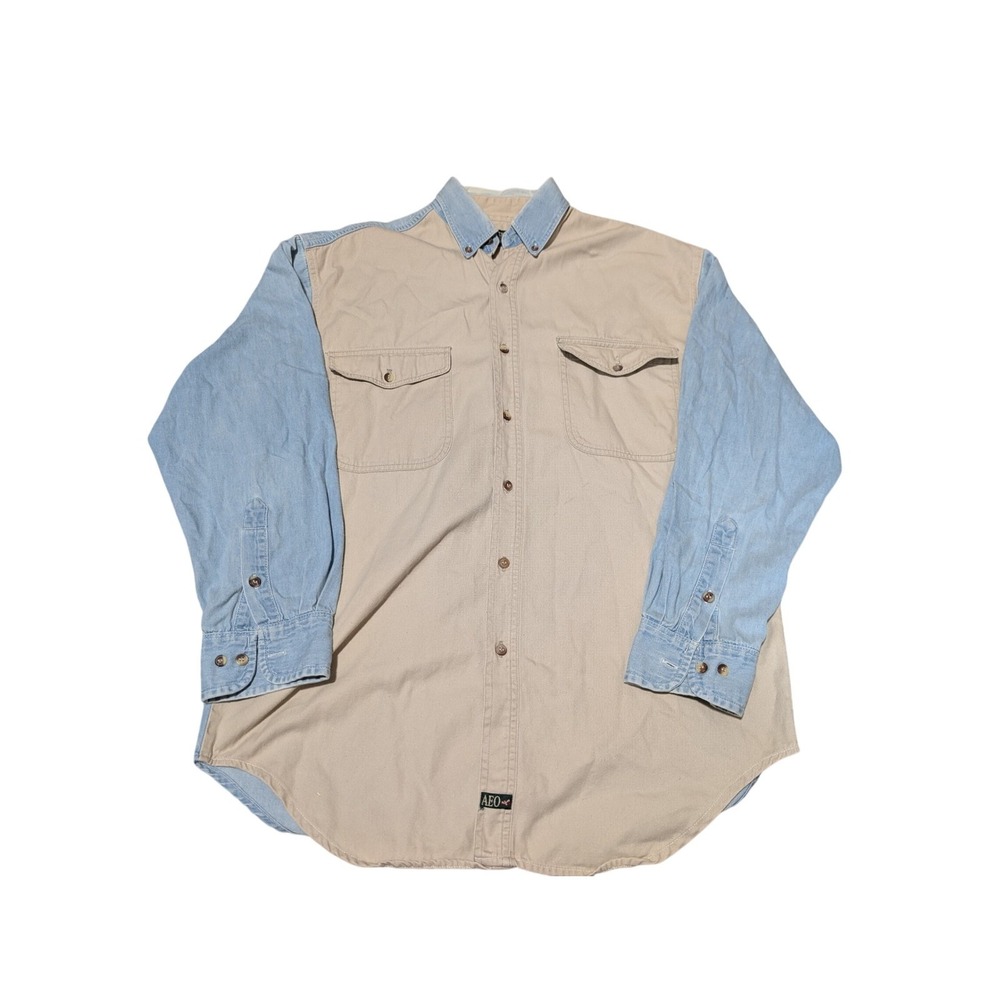 American Eagle Shirt Mens M Tan Blue Vintage 80s Two Tone Denim Canvas Workwear